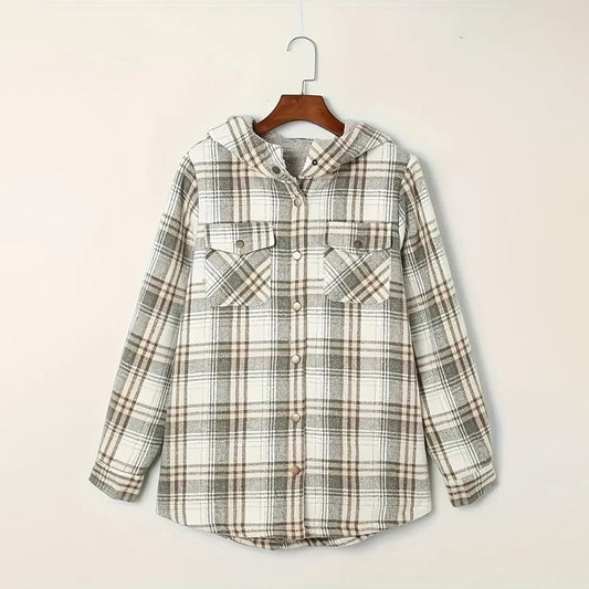 Plaid Button-Up Fleece-Lined Hooded Jacket