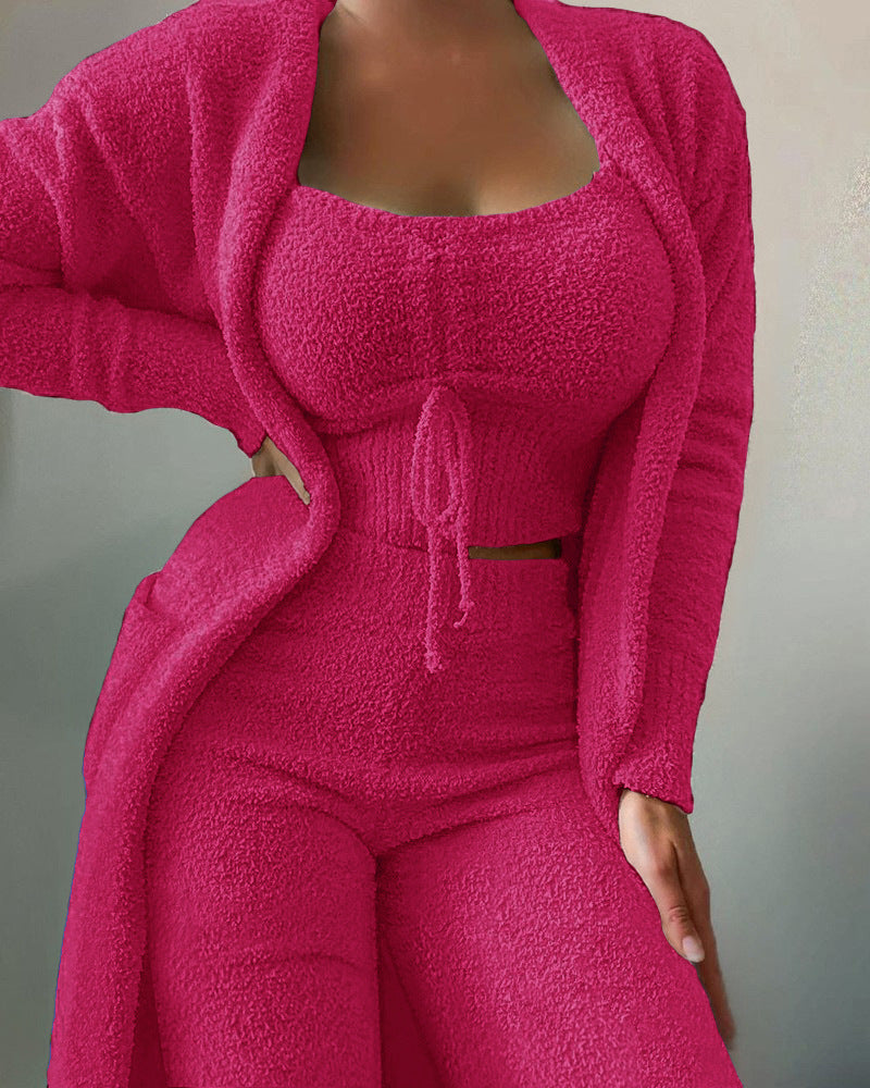 Plush Three-Piece Lounge Set with Cardigan