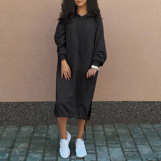 Cozy Long Hooded Drawstring Sweatshirt Dress