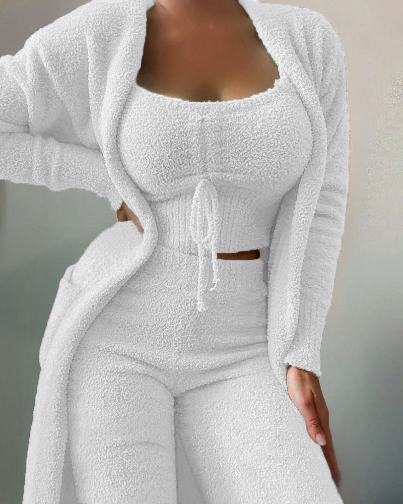 Plush Three-Piece Lounge Set with Cardigan