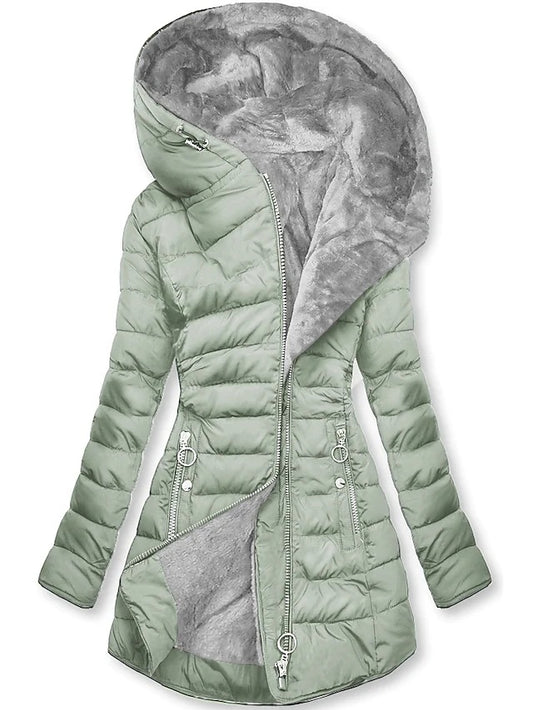 Plush Fleece-Lined Hooded Mid-Length Coat