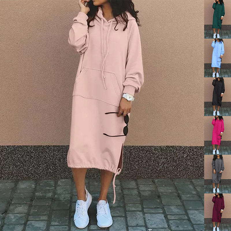 Cozy Long Hooded Drawstring Sweatshirt Dress