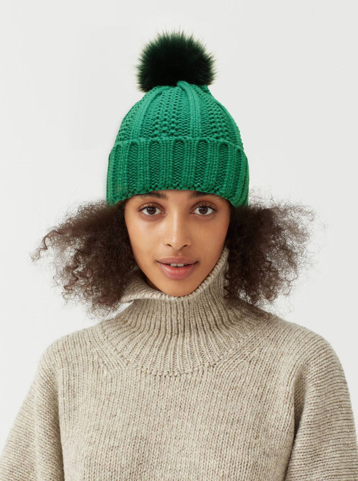 Satin-Lined Knit Beanie with Faux Fur Pom