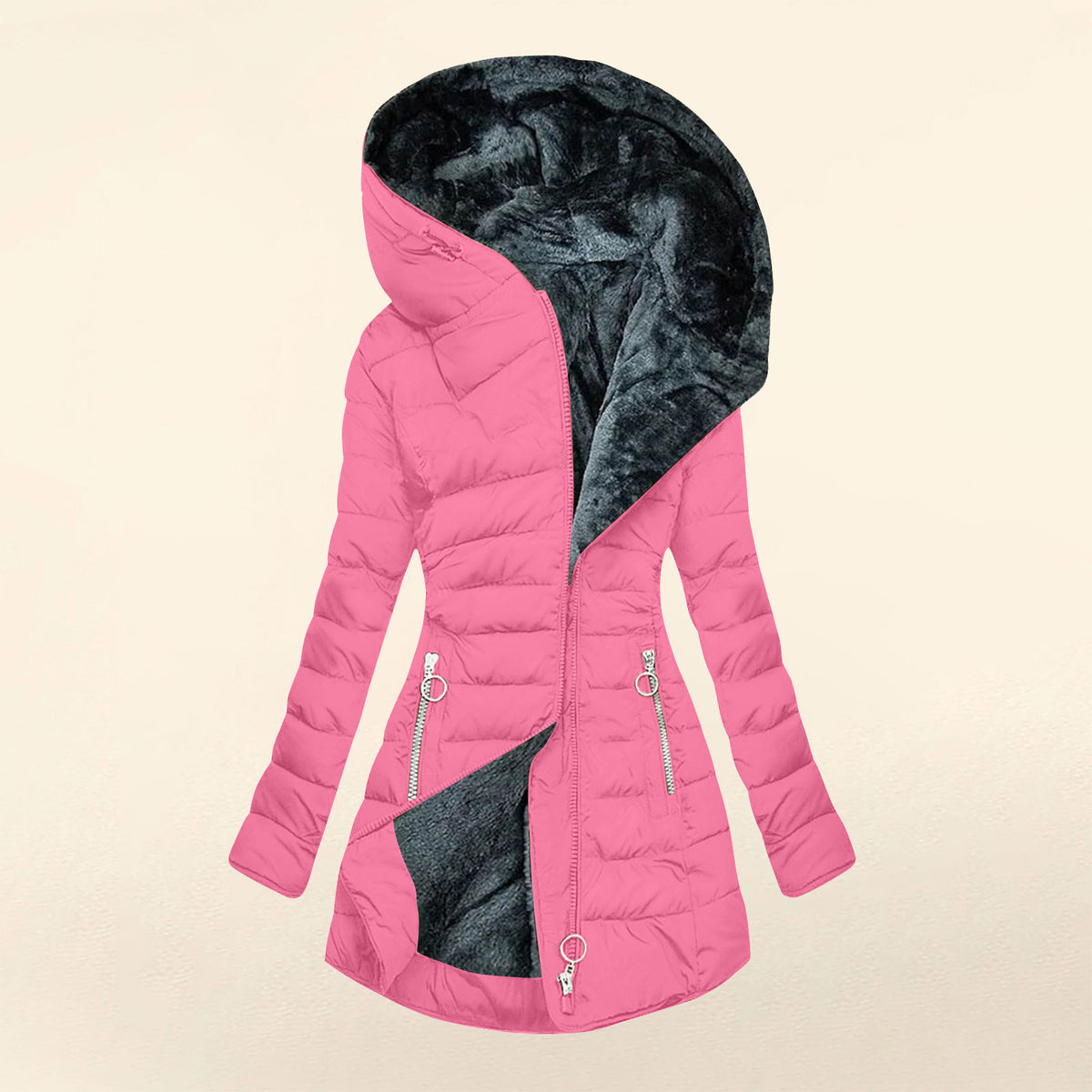 Plush Fleece-Lined Hooded Mid-Length Coat