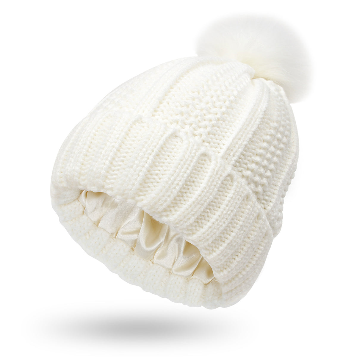 Satin-Lined Knit Beanie with Faux Fur Pom