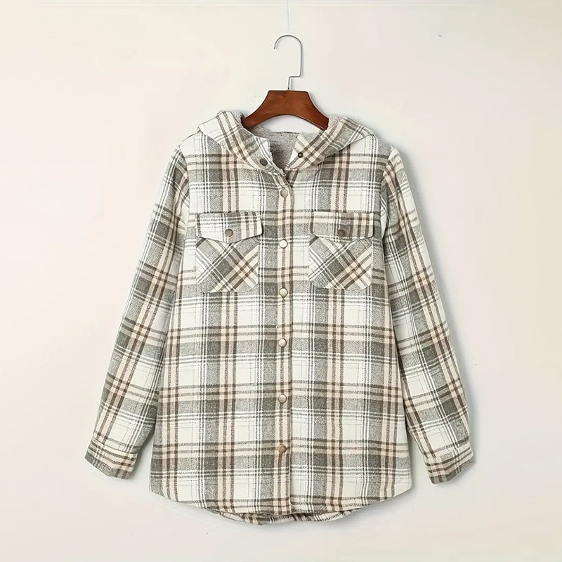 Plaid Button-Up Fleece-Lined Hooded Jacket