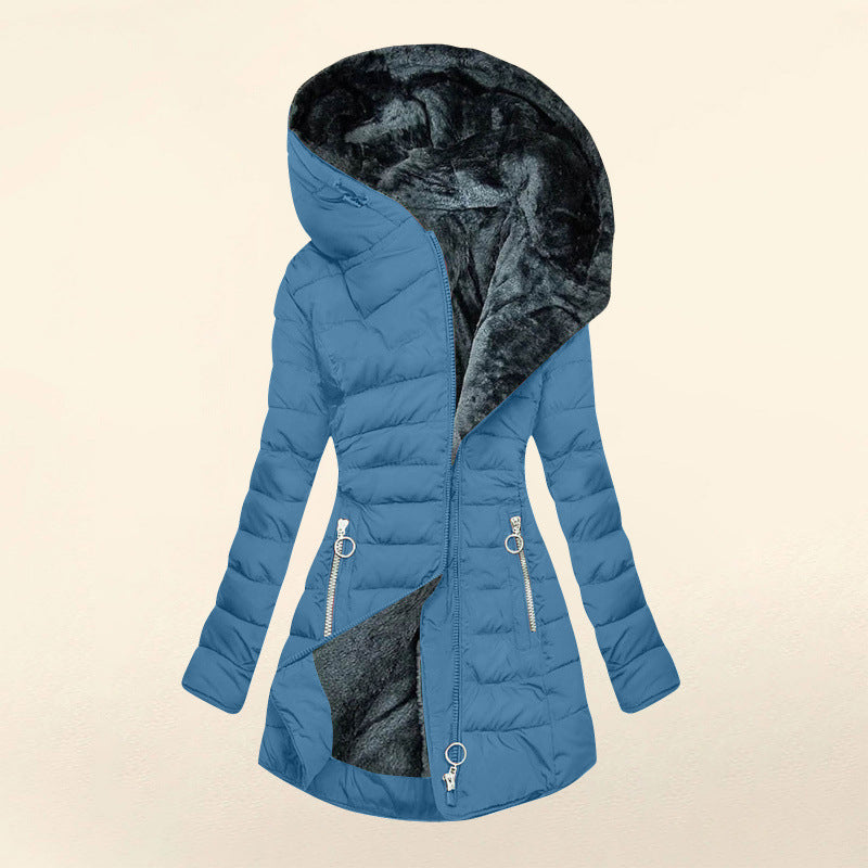 Plush Fleece-Lined Hooded Mid-Length Coat