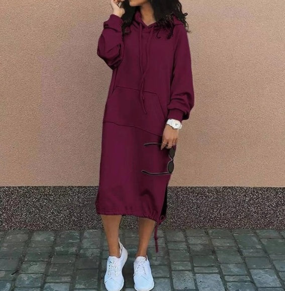 Cozy Long Hooded Drawstring Sweatshirt Dress