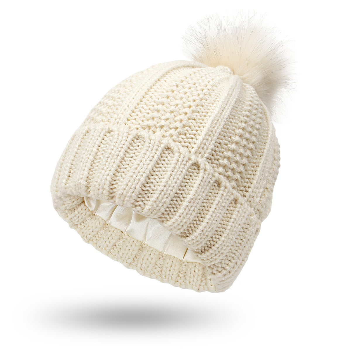 Satin-Lined Knit Beanie with Faux Fur Pom
