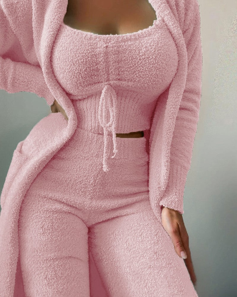 Plush Three-Piece Lounge Set with Cardigan