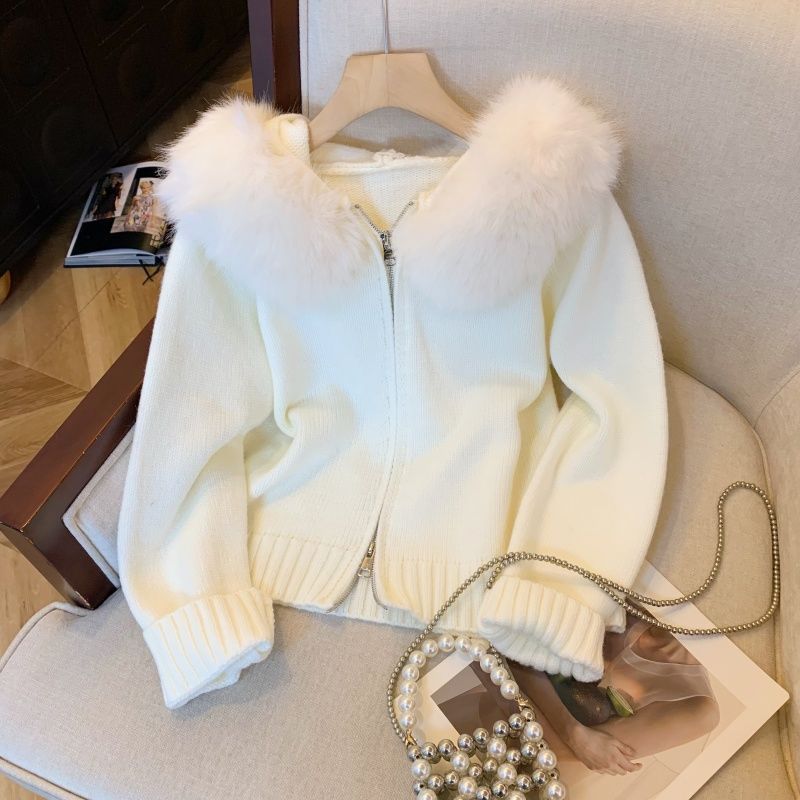 Faux Fur Collar Zip-Up Hooded Cardigan