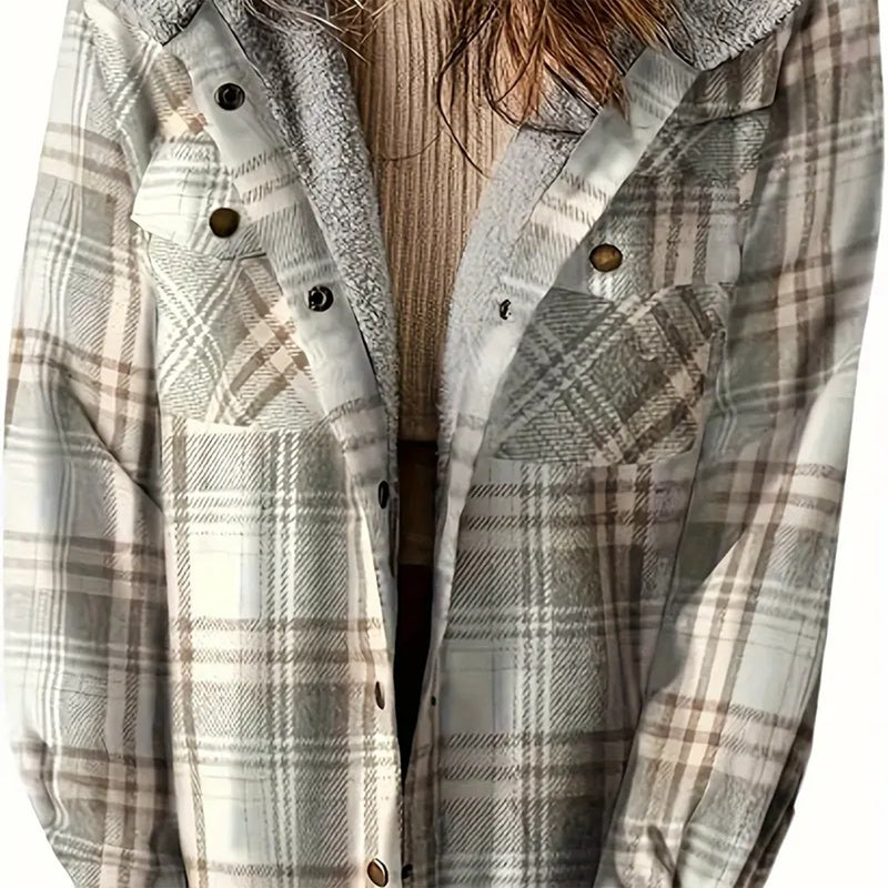 Plaid Button-Up Fleece-Lined Hooded Jacket