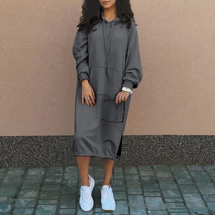 Cozy Long Hooded Drawstring Sweatshirt Dress