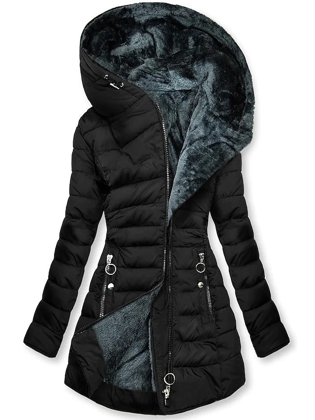 Plush Fleece-Lined Hooded Mid-Length Coat