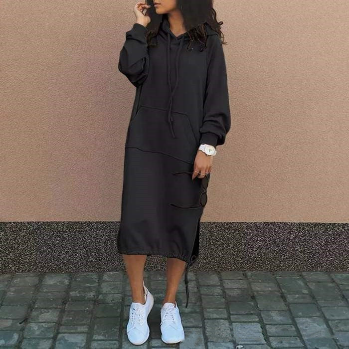 Cozy Long Hooded Drawstring Sweatshirt Dress
