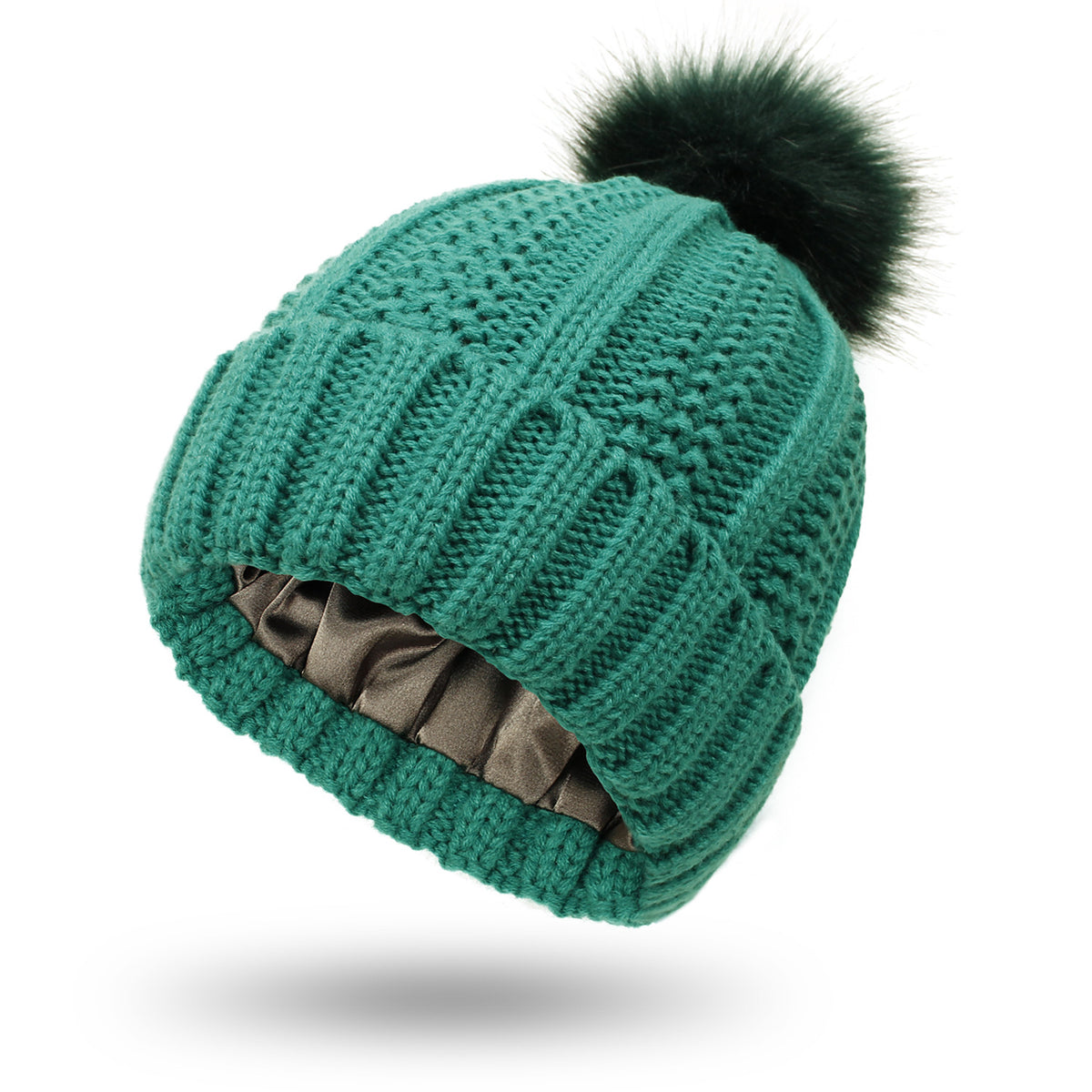 Satin-Lined Knit Beanie with Faux Fur Pom