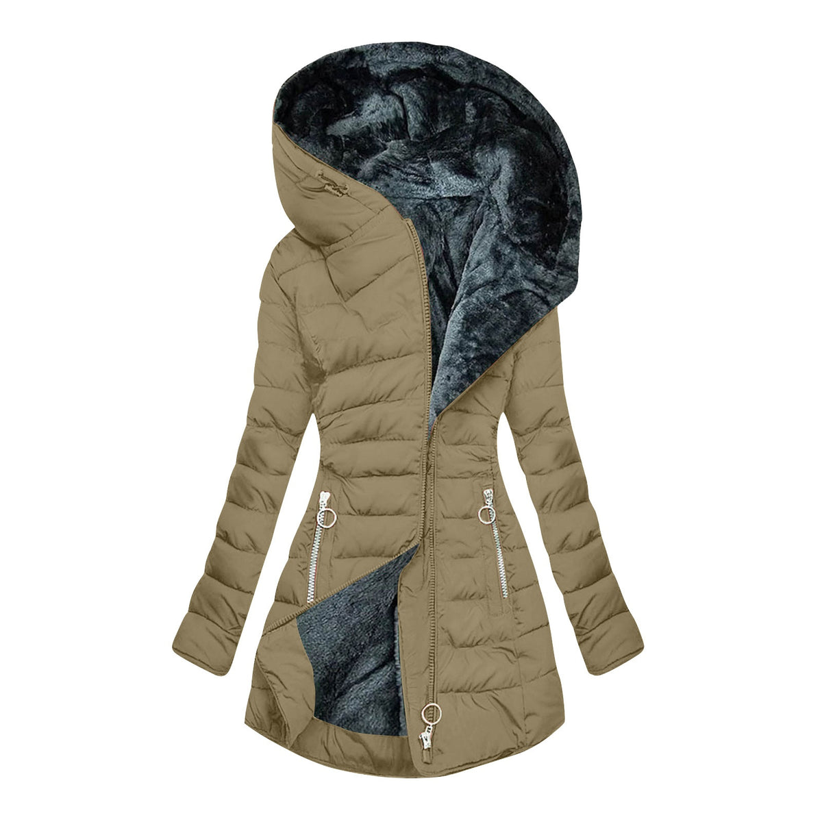 Plush Fleece-Lined Hooded Mid-Length Coat