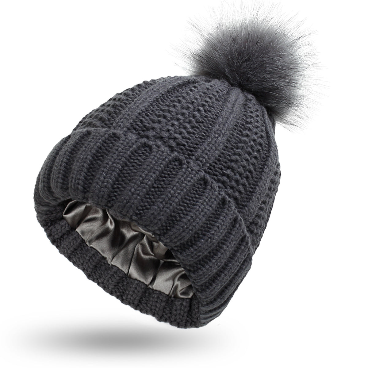 Satin-Lined Knit Beanie with Faux Fur Pom