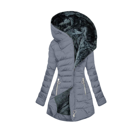Plush Fleece-Lined Hooded Mid-Length Coat