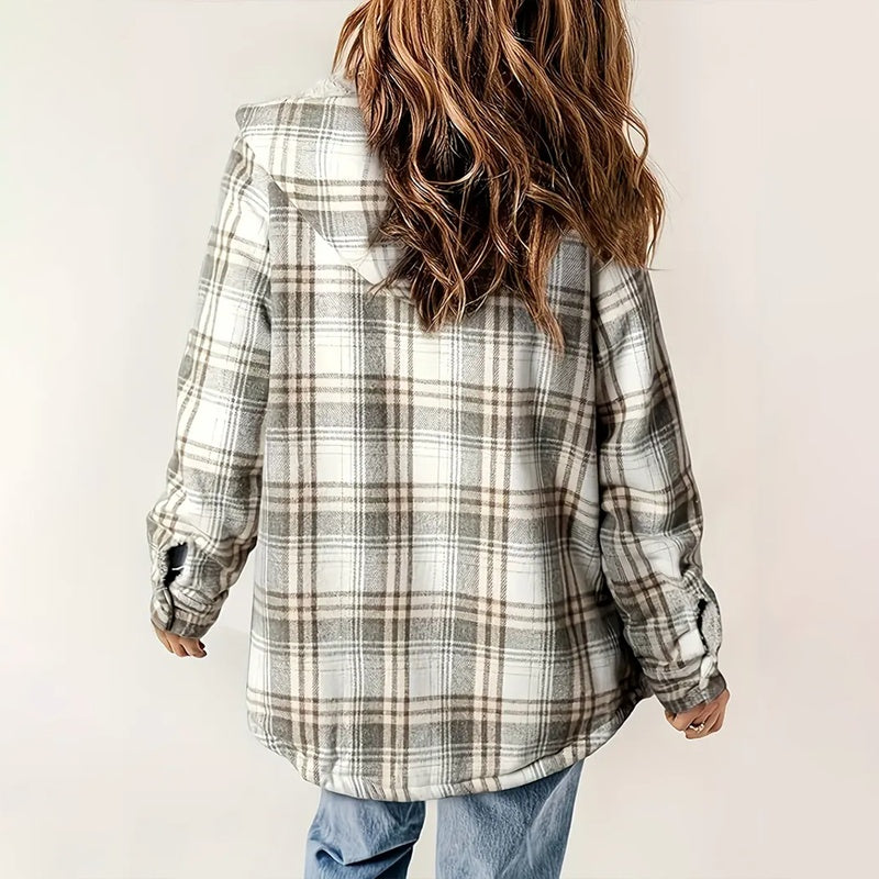 Plaid Button-Up Fleece-Lined Hooded Jacket