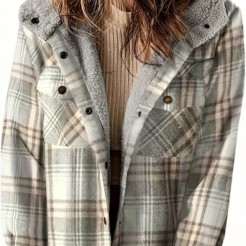 Plaid Button-Up Fleece-Lined Hooded Jacket