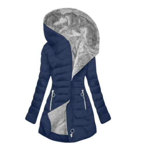 Plush Fleece-Lined Hooded Mid-Length Coat