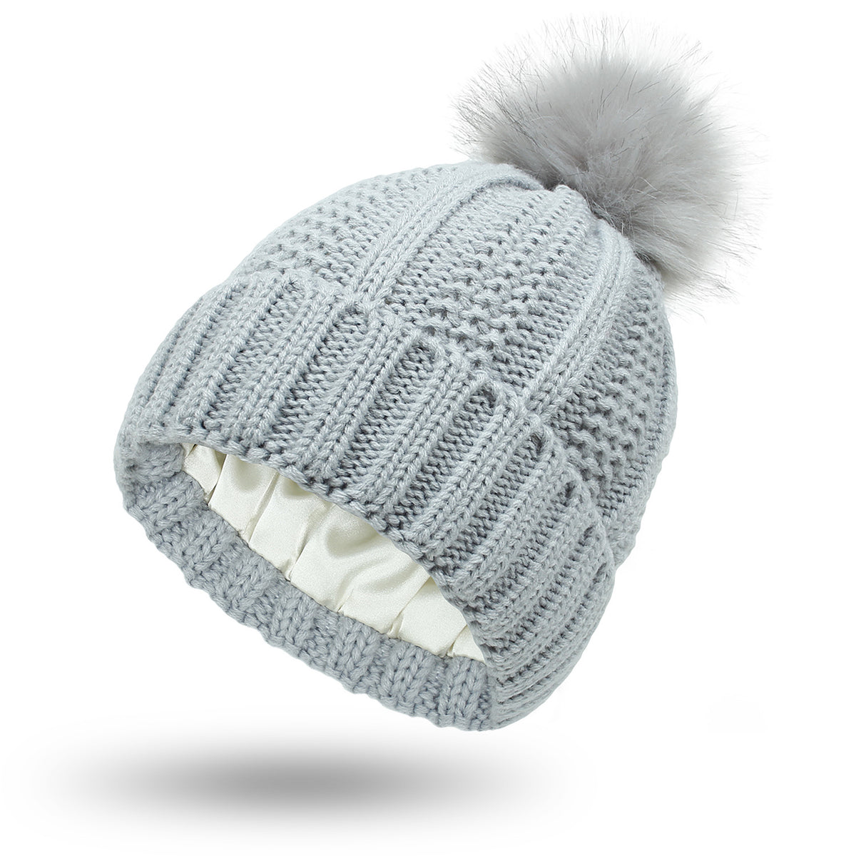 Satin-Lined Knit Beanie with Faux Fur Pom