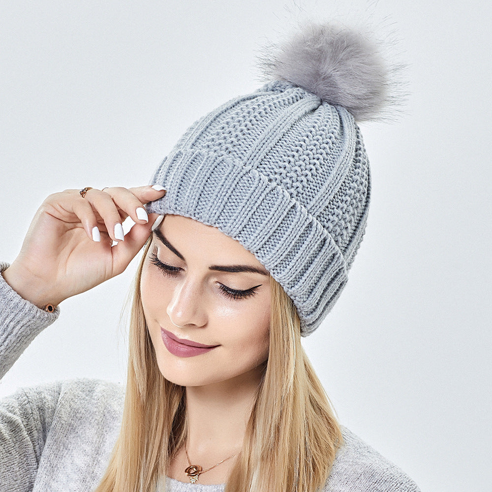 Satin-Lined Knit Beanie with Faux Fur Pom