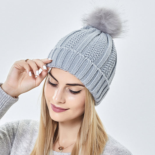 Satin-Lined Knit Beanie with Faux Fur Pom