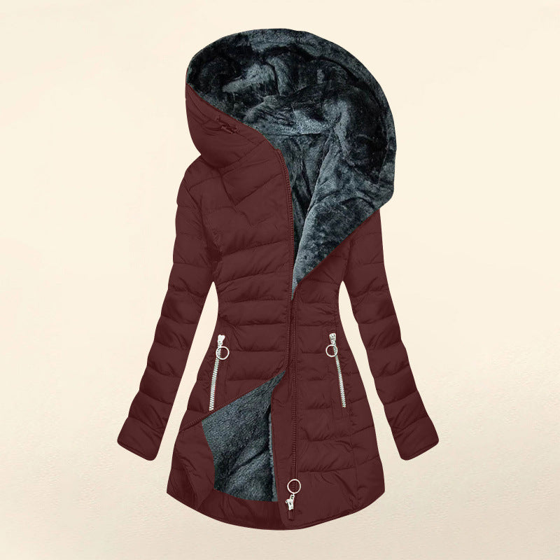 Plush Fleece-Lined Hooded Mid-Length Coat