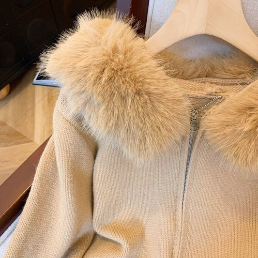Faux Fur Collar Zip-Up Hooded Cardigan