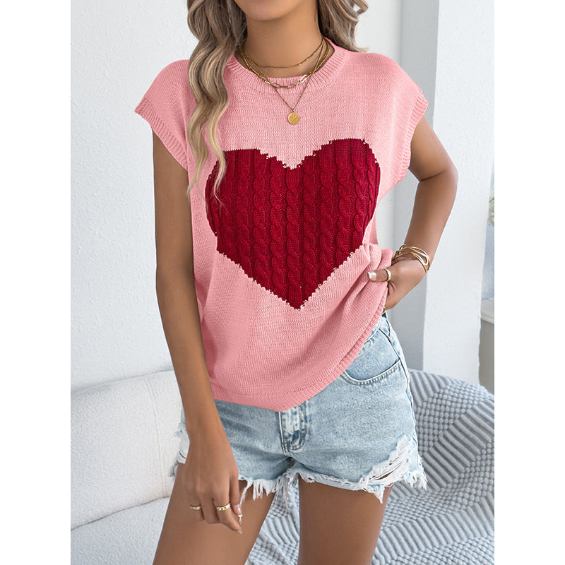 Women's Heart Color Block Knit Top - Casual Sleeveless Valentine Shirt