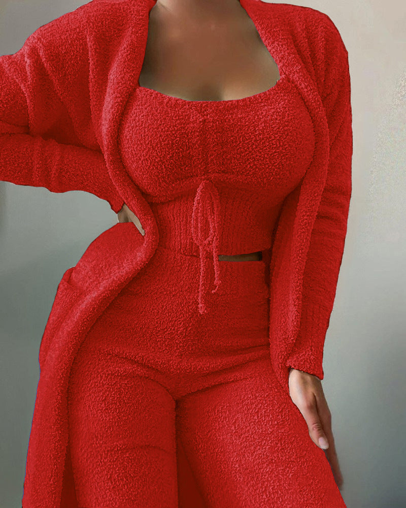 Plush Three-Piece Lounge Set with Cardigan