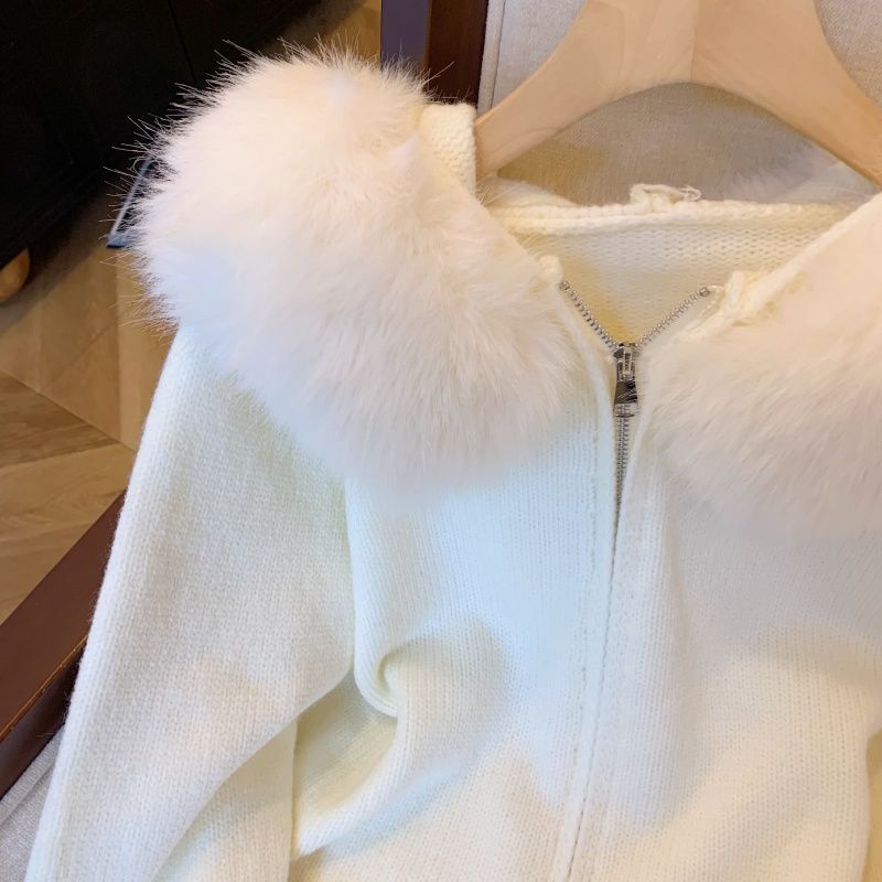 Faux Fur Collar Zip-Up Hooded Cardigan