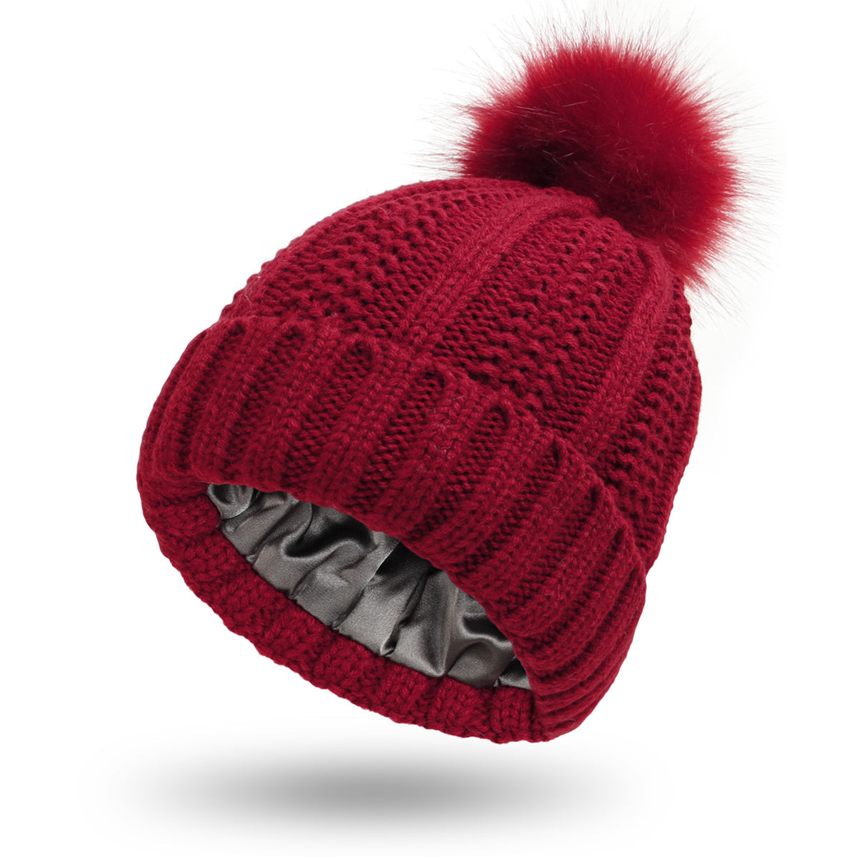 Satin-Lined Knit Beanie with Faux Fur Pom