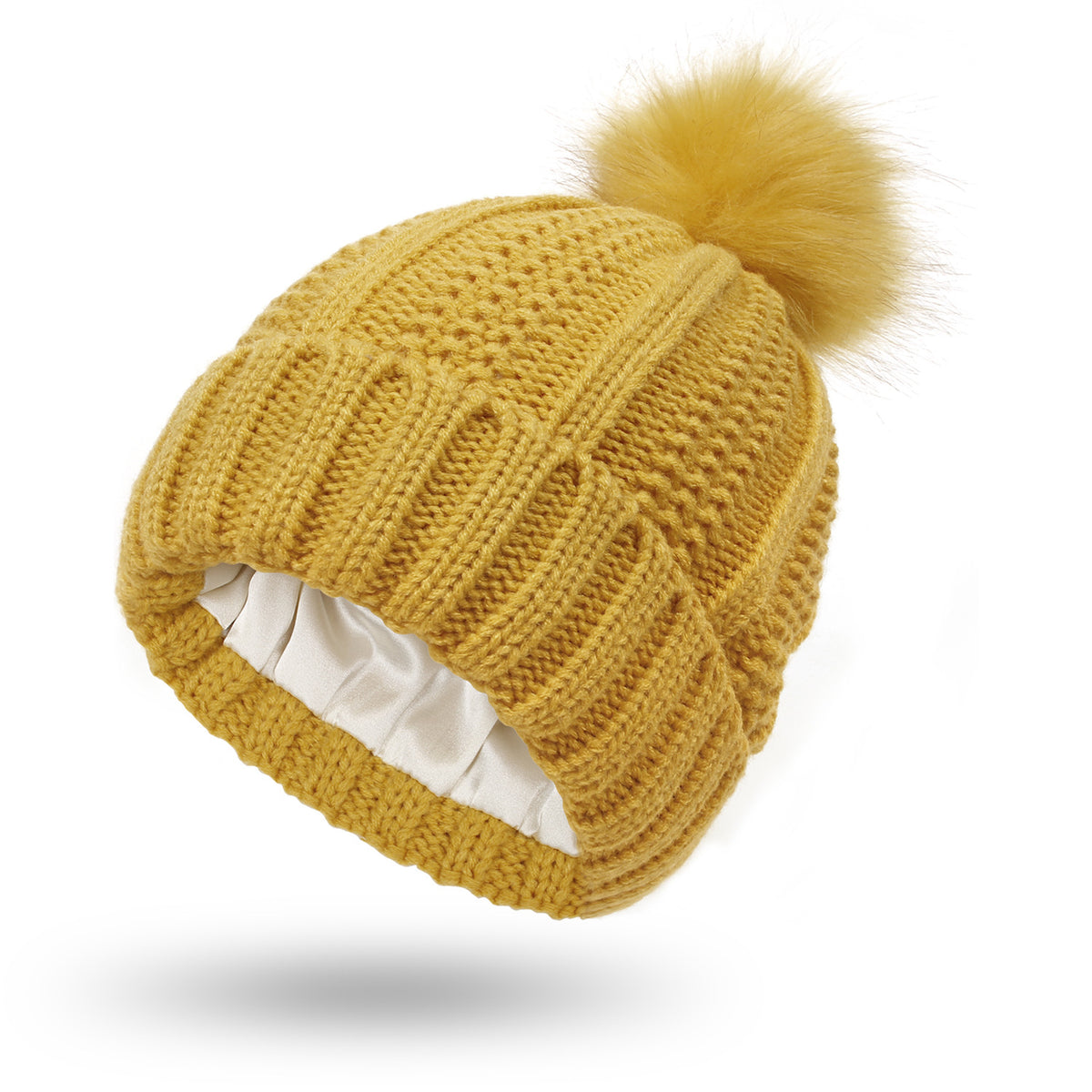 Satin-Lined Knit Beanie with Faux Fur Pom