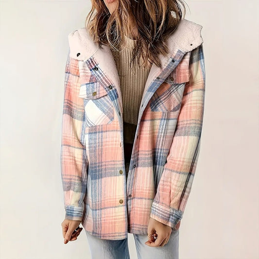 Plaid Button-Up Fleece-Lined Hooded Jacket