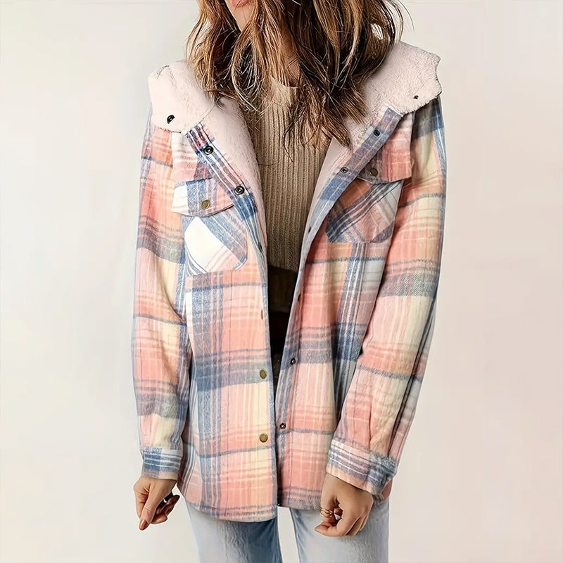 Plaid Button-Up Fleece-Lined Hooded Jacket
