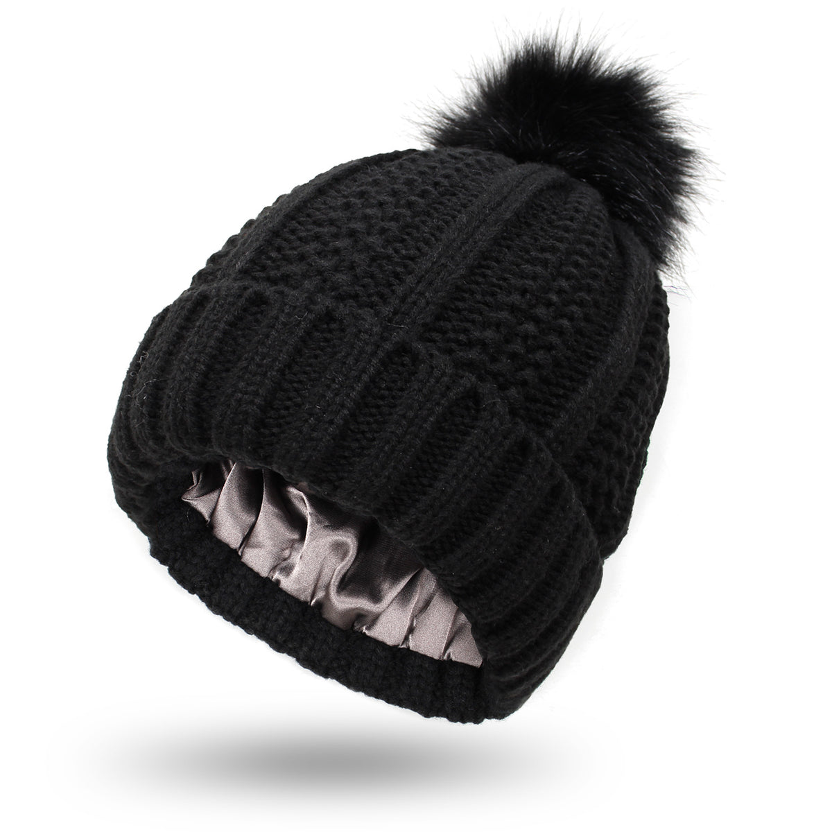 Satin-Lined Knit Beanie with Faux Fur Pom