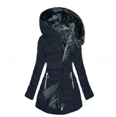 Plush Fleece-Lined Hooded Mid-Length Coat