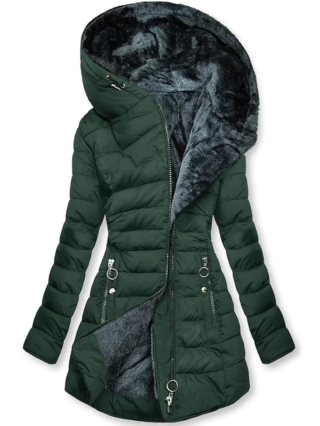 Plush Fleece-Lined Hooded Mid-Length Coat