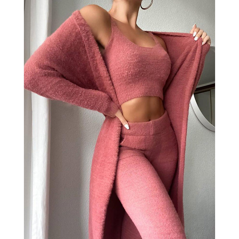 Three-Piece Soft Knit Lounge Set with Cardigan