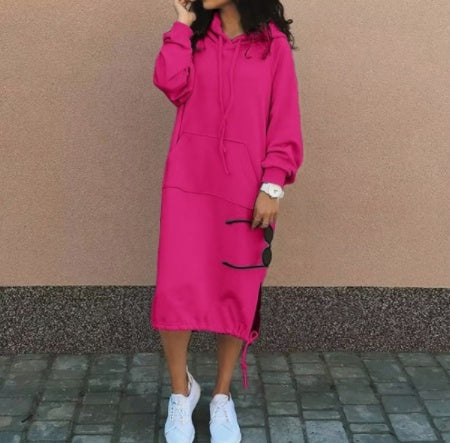 Cozy Long Hooded Drawstring Sweatshirt Dress