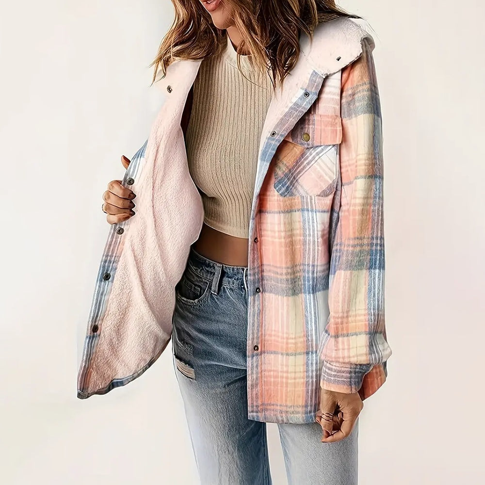 Plaid Button-Up Fleece-Lined Hooded Jacket