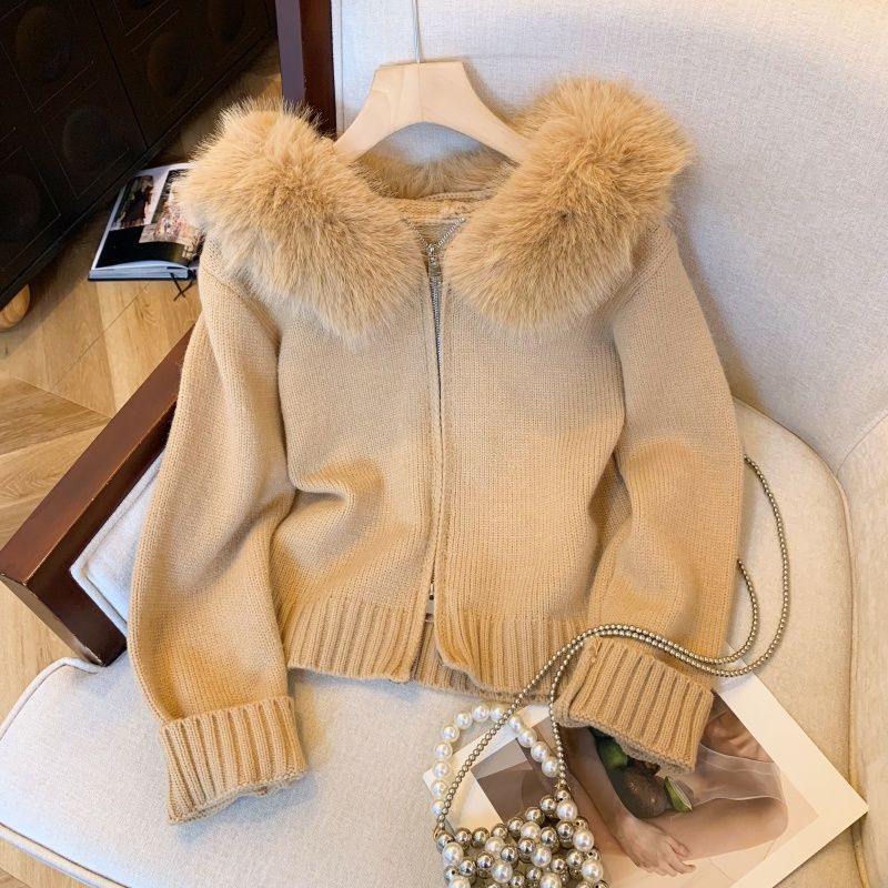 Faux Fur Collar Zip-Up Hooded Cardigan