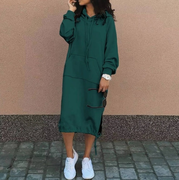 Cozy Long Hooded Drawstring Sweatshirt Dress