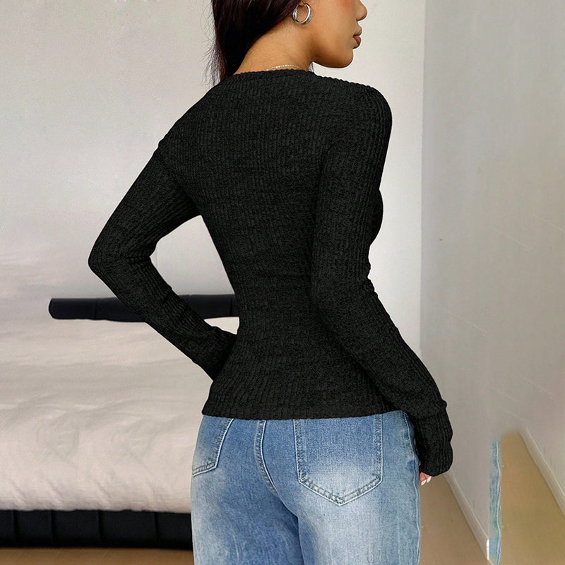 Lace V-Neck Slim Fit Long Sleeve Top
