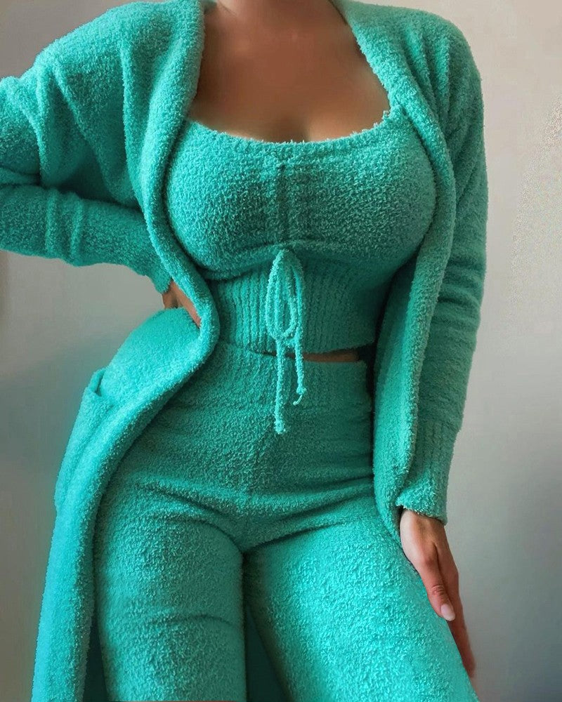 Plush Three-Piece Lounge Set with Cardigan